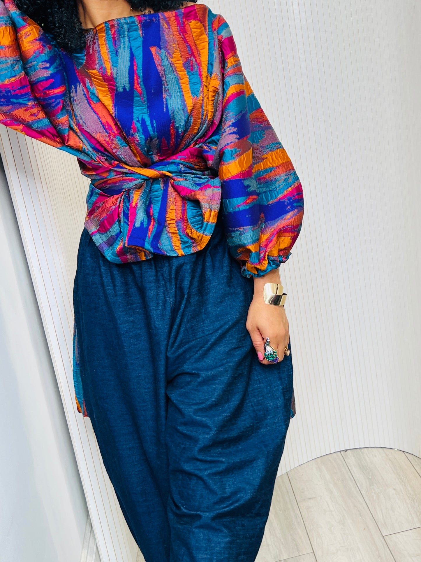 Multi metallic Jacquard Asymmetric Balloon Sleeve Blouse