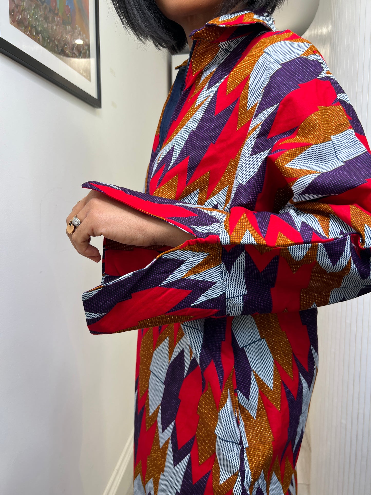 African print long sleeve jumpsuit. Red and navy kente UK size 1 8-14/16