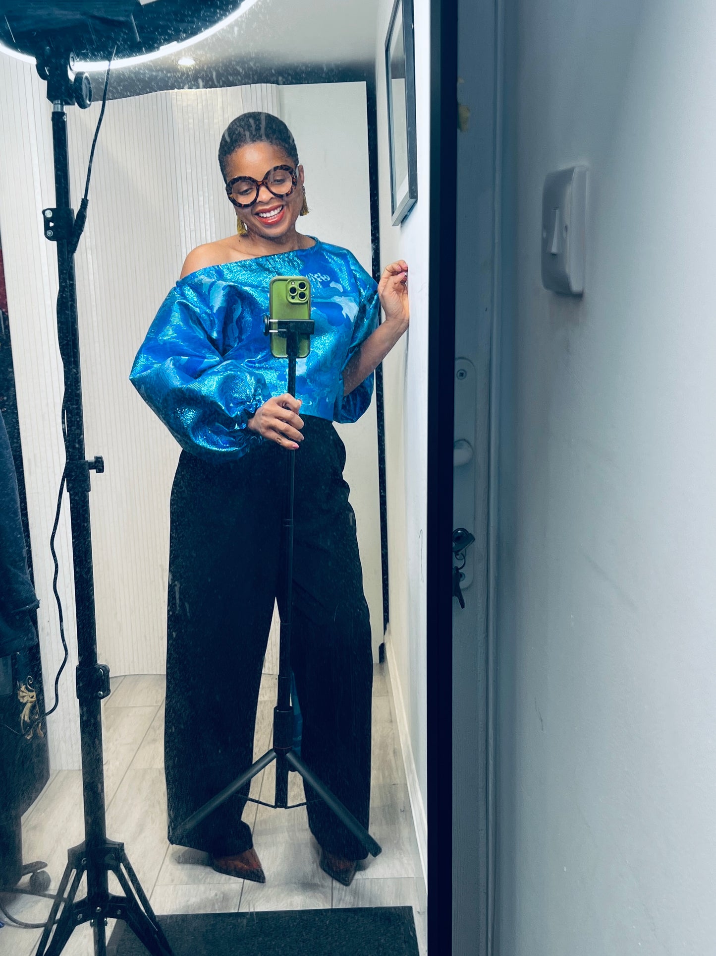 Blue metallic Jacquard Asymmetric Balloon Sleeve Blouse