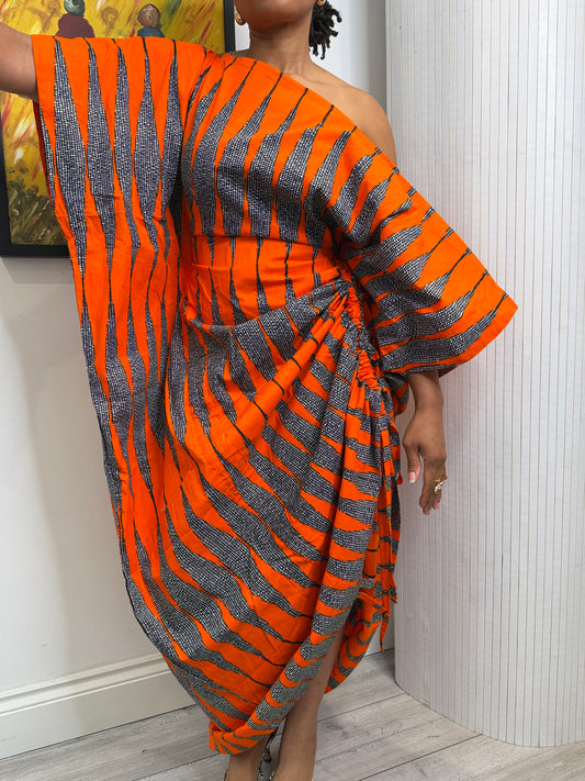 Orange white  cotton Ankara drawstring dress One size
