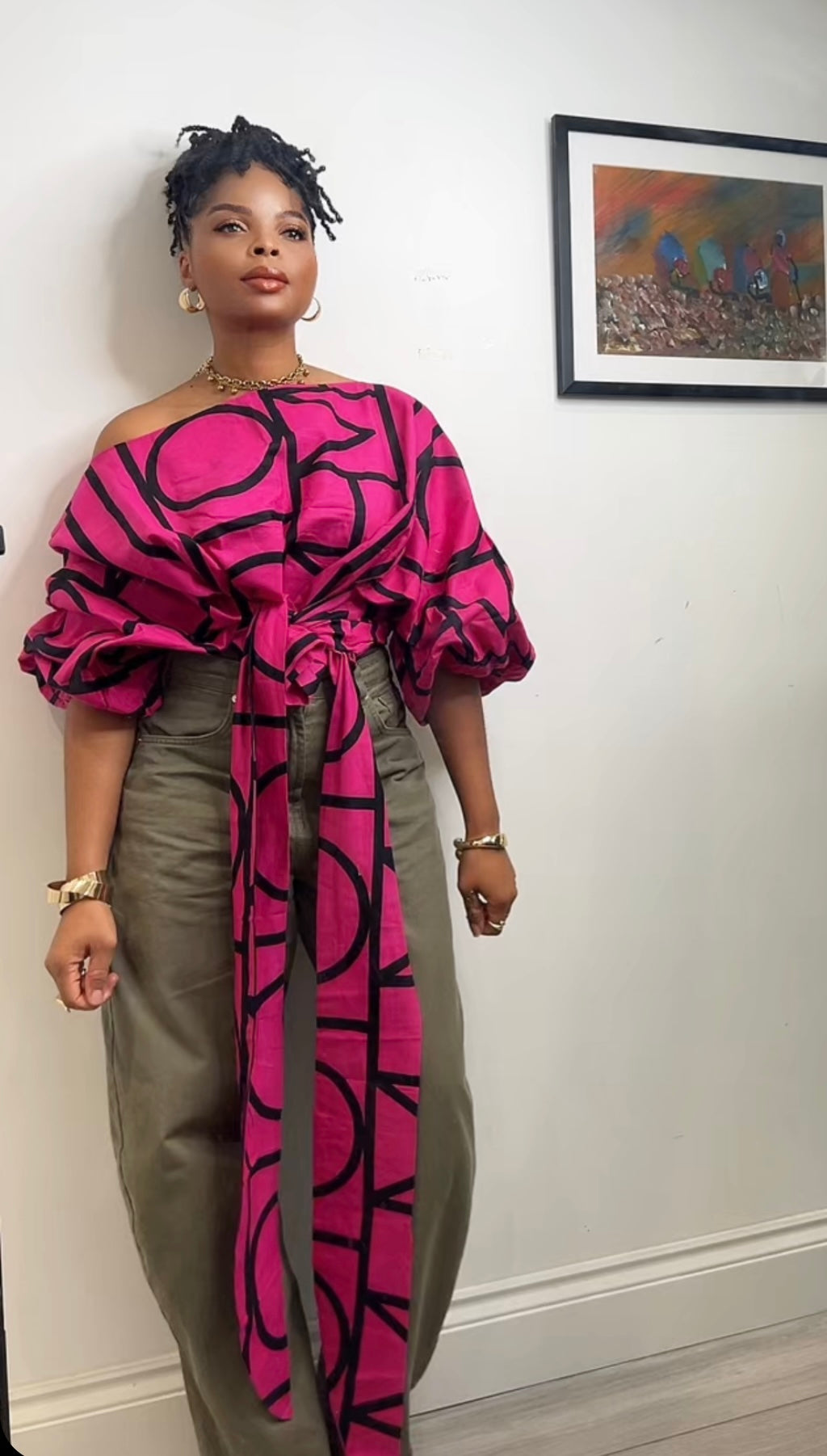 Pink African Print Off-Shoulder Crop Top: Asymmetric Balloon Sleeve Blouse size 1 UK 8-14