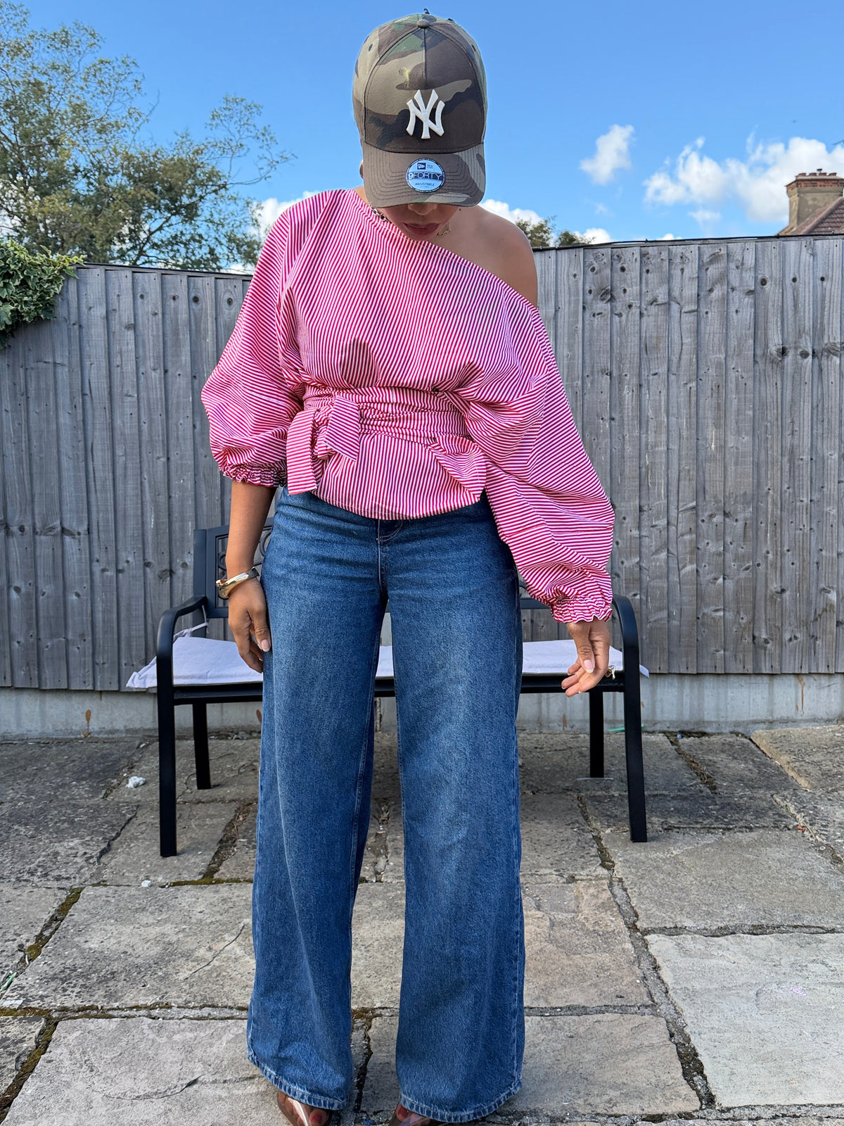 Red and white stripe cotton poplin wrap blouse 2 sizes