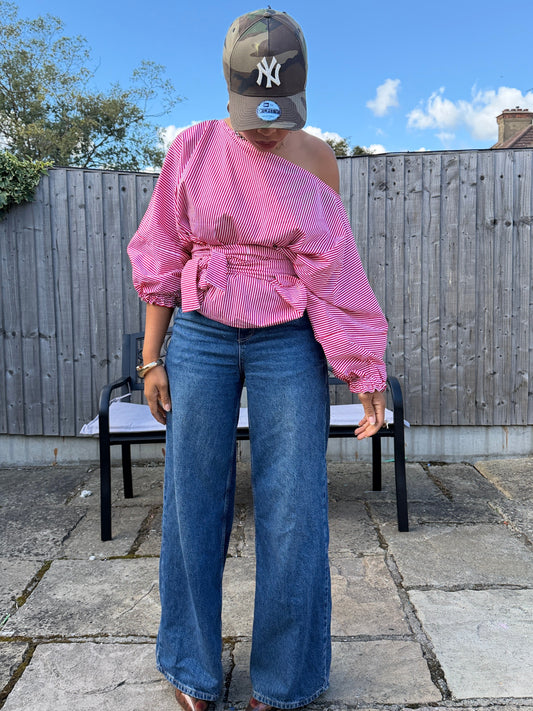 Red and white stripe cotton poplin wrap blouse 2 sizes