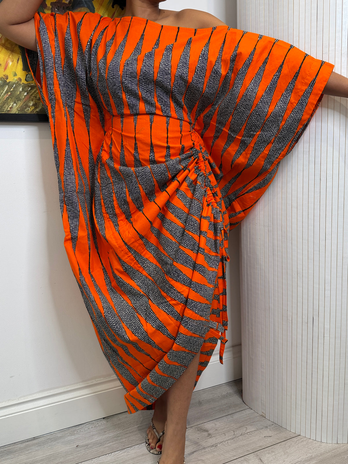 Orange white  cotton Ankara drawstring dress One size