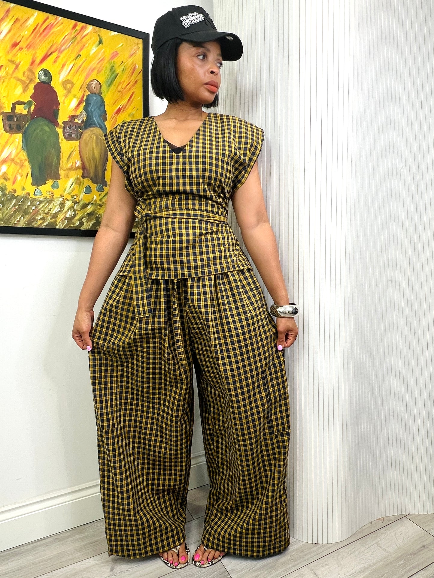 Ready to post Yarn dyed mustard and black check coord UK 8-14