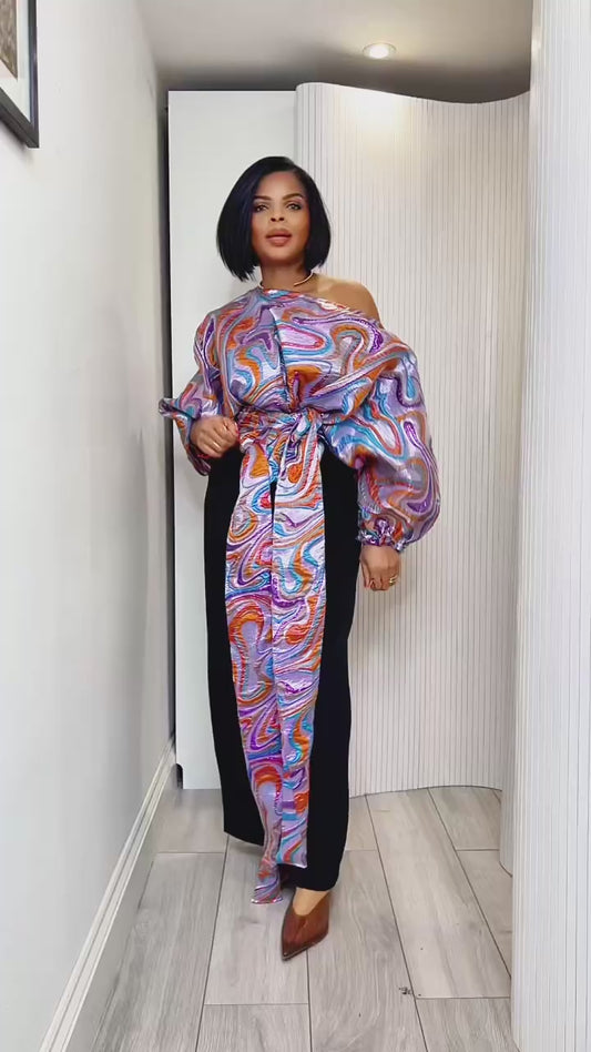 Lilac and orange organza brocade Jacquard Asymmetric Balloon Sleeve Blouse