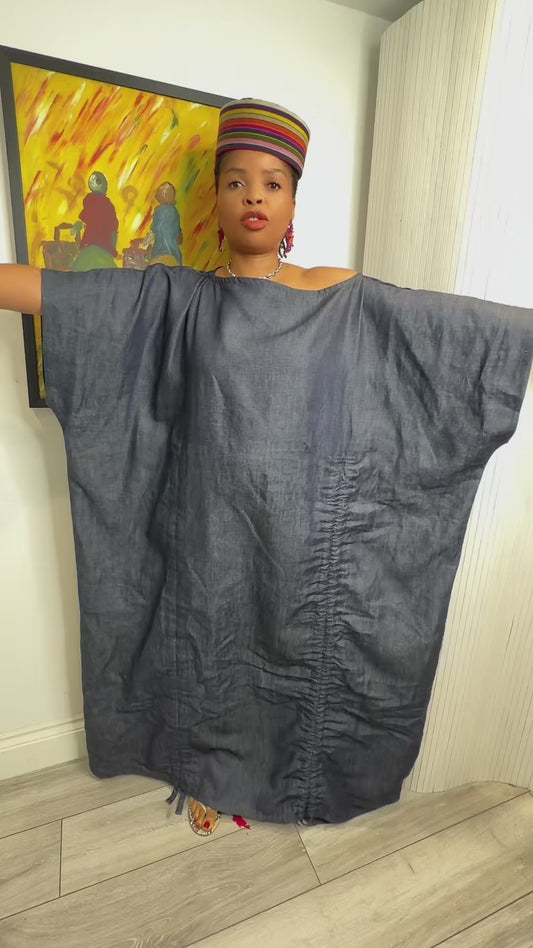 Mid weight Cotton blend denim drawstring dress one size